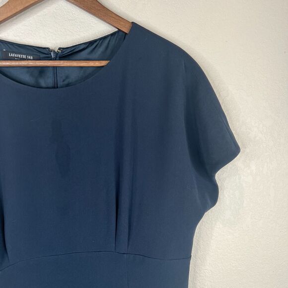 La‎ Fayette 148 New York Marion Sheath Dress Sz 14 Navy Crepe Cap Sleeves Career - Picture 3 of 10